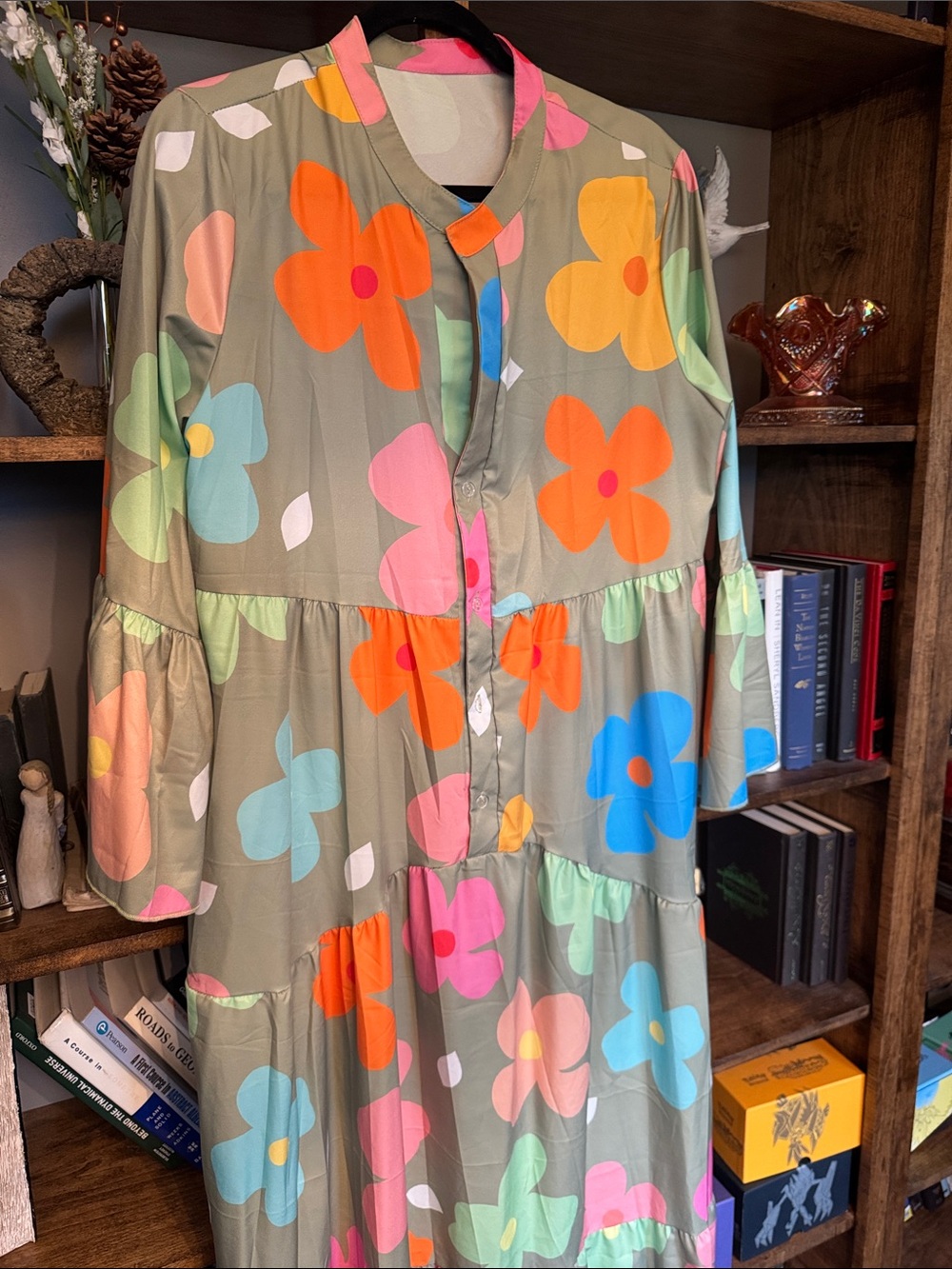 Maxi Dress with Multicolor Floral Print - Olive Background - Picture 2 of 2